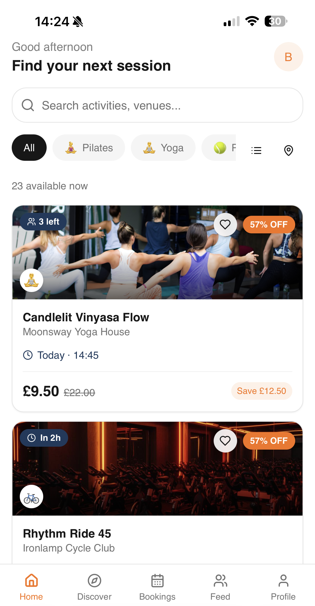 REACTIVE app showing fitness class deals