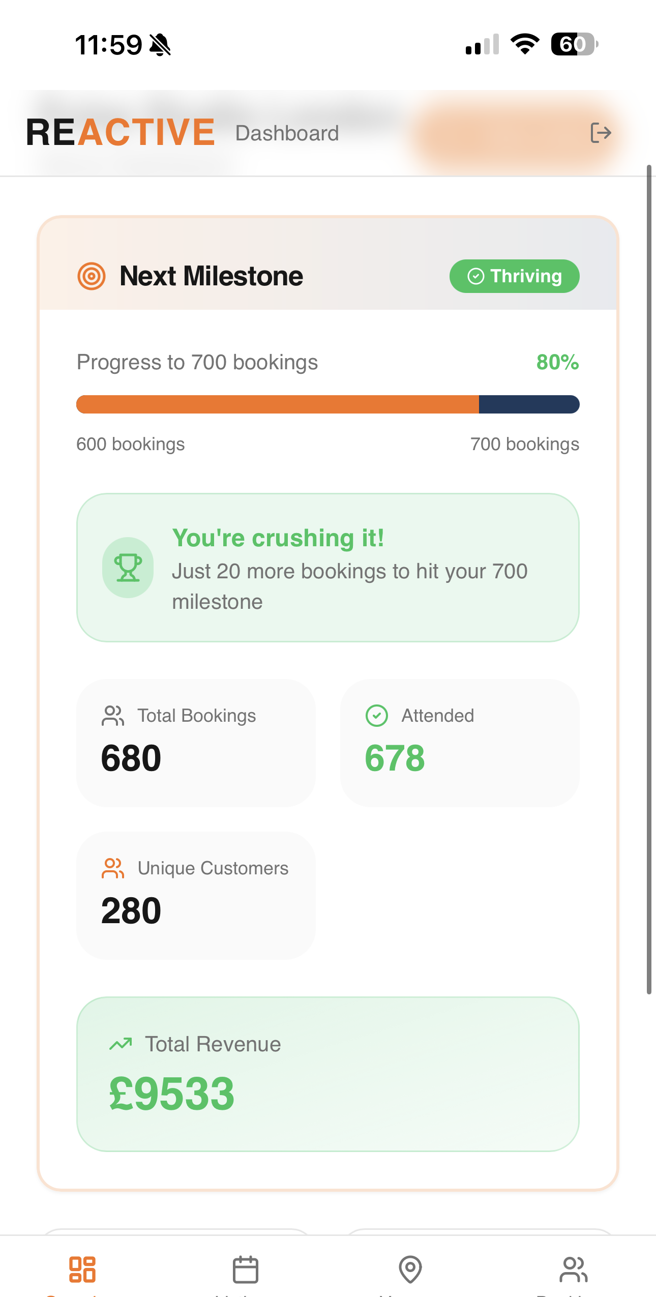 REACTIVE venue dashboard showing earnings and bookings